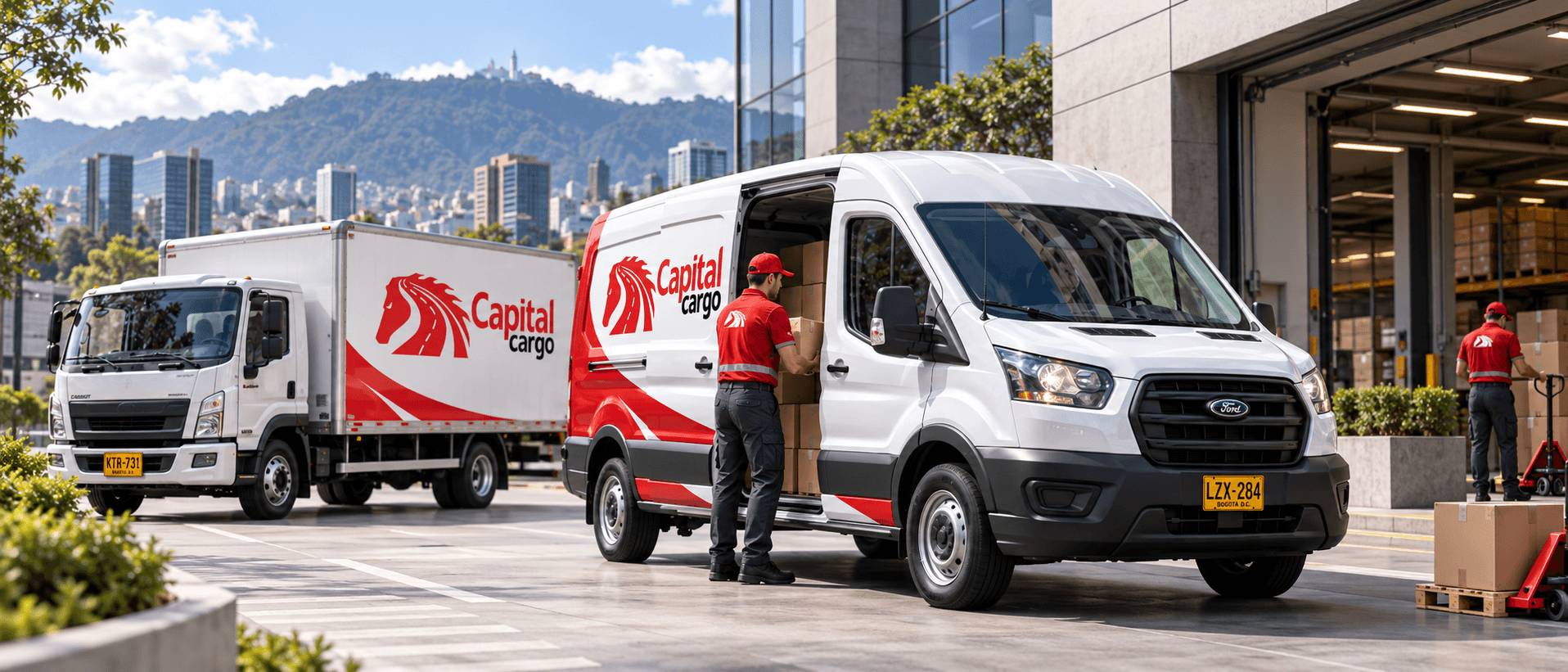 Vehículos de Capital Cargo operando en Bogotá con el cerro de Monserrate al fondo
