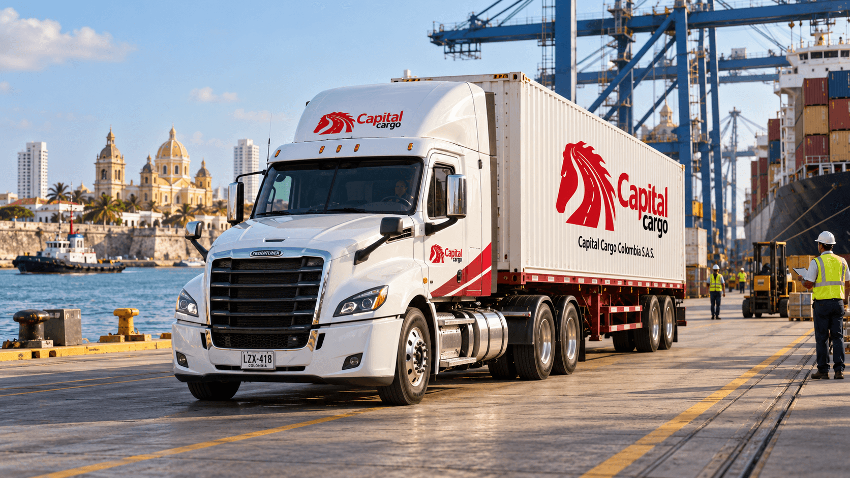 Camión de Capital Cargo con contenedor en el puerto de Cartagena