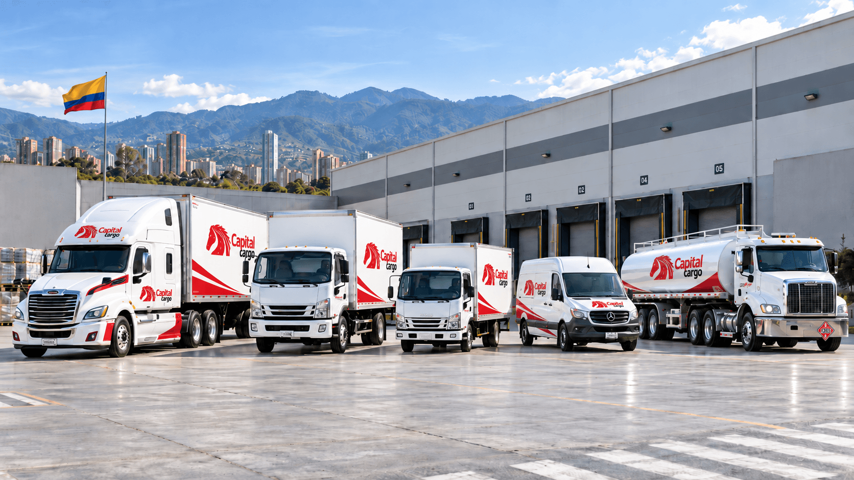 Flota completa de Capital Cargo: tractomula, camiones, van y carrotanque en patio